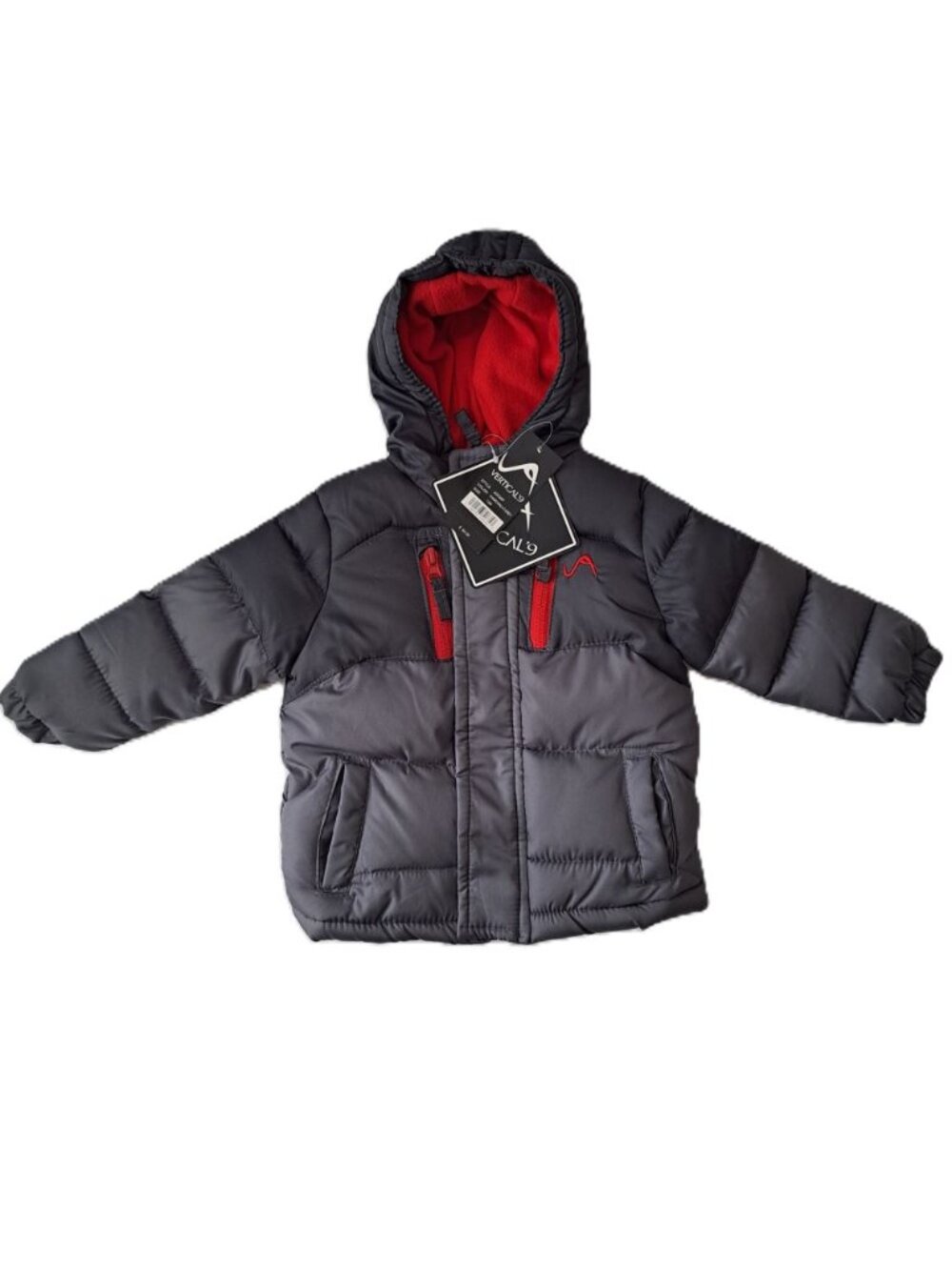 Vertical 9 Boys Lined Puffer Jacket Size 18 Months Gray Red Hooded Pockets NWT